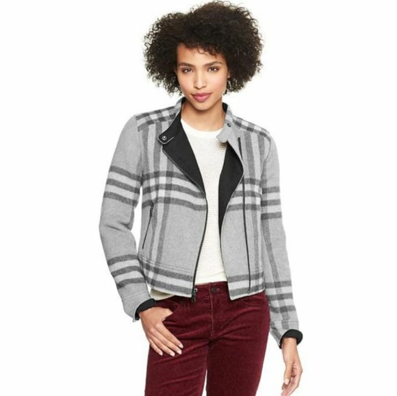 GAP Gray Plaid Moto Jacket - Women Size Medium Wool Blend Jacket - Picture 3 of 11